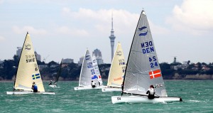Day 2 at the Finn GoldCup, with Auckland's Sky tower in the background.